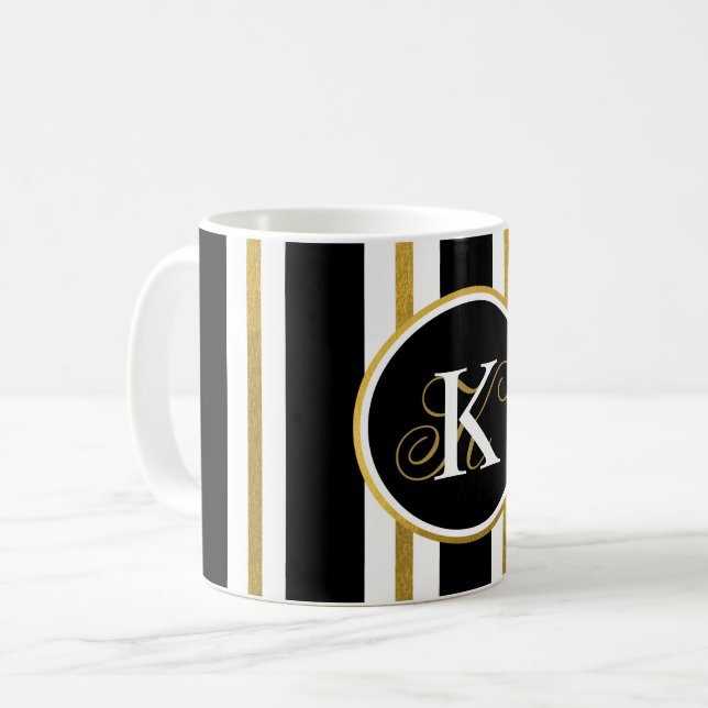Personalised Elegant Black & Gold Stripes Monogram Coffee Mug (Front Left)