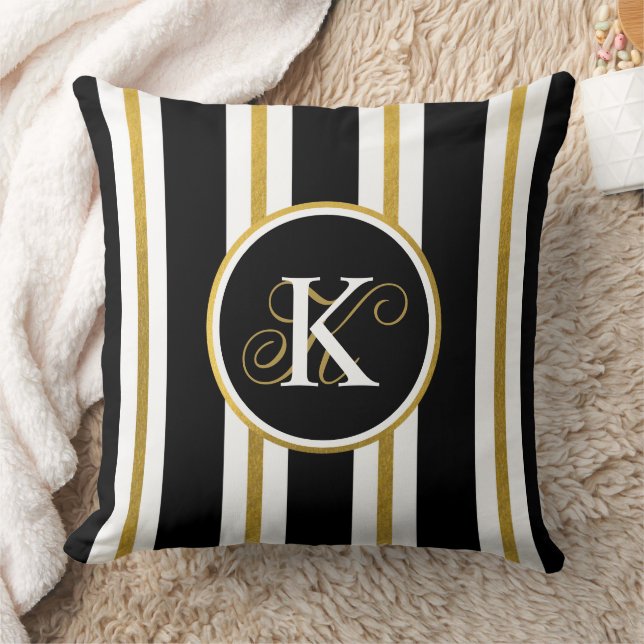 Personalised Elegant Black & Gold Stripes Monogram Cushion (Blanket)