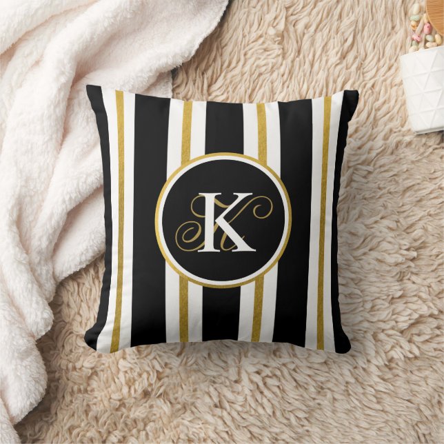 Personalised Elegant Black & Gold Stripes Monogram Cushion (Blanket)