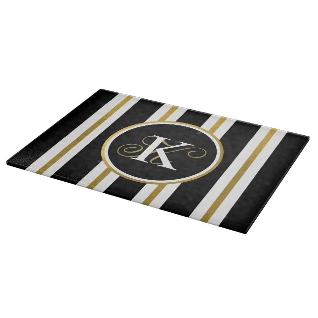 Personalised Elegant Black & Gold Stripes Monogram Cutting Board (Corner)