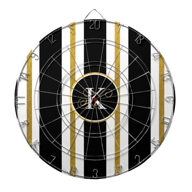 Personalised Elegant Black & Gold Stripes Monogram Dartboard (Front)