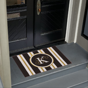 Personalised Elegant Black & Gold Stripes Monogram Doormat