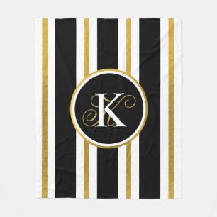Personalised Elegant Black & Gold Stripes Monogram Fleece Blanket