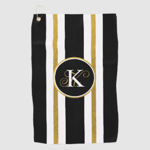 Personalised Elegant Black & Gold Stripes Monogram Golf Towel