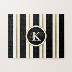 Personalised Elegant Black & Gold Stripes Monogram Jigsaw Puzzle