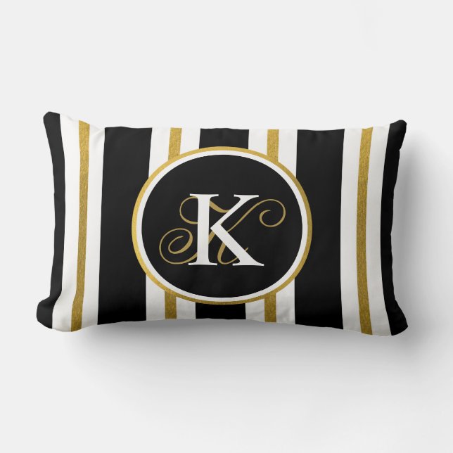 Personalised Elegant Black & Gold Stripes Monogram Lumbar Cushion (Front)