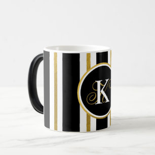 Personalised Elegant Black & Gold Stripes Monogram Magic Mug