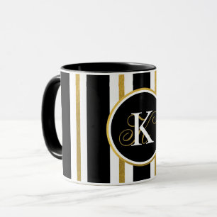 Personalised Elegant Black & Gold Stripes Monogram Mug