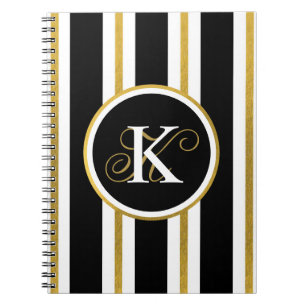 Personalised Elegant Black & Gold Stripes Monogram Notebook