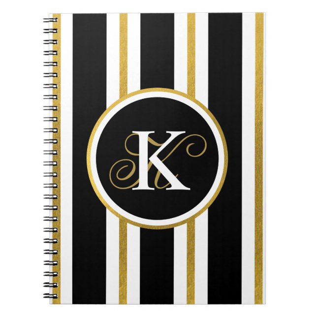 Personalised Elegant Black & Gold Stripes Monogram Notebook (Front)