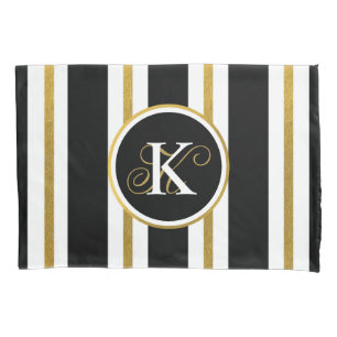 Personalised Elegant Black & Gold Stripes Monogram Pillowcase