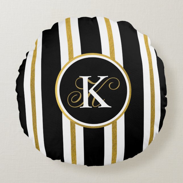 Personalised Elegant Black & Gold Stripes Monogram Round Cushion (Front)
