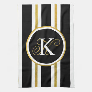 Personalised Elegant Black & Gold Stripes Monogram Tea Towel