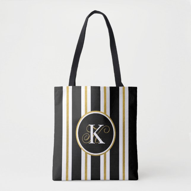 Personalised Elegant Black & Gold Stripes Monogram Tote Bag (Front)