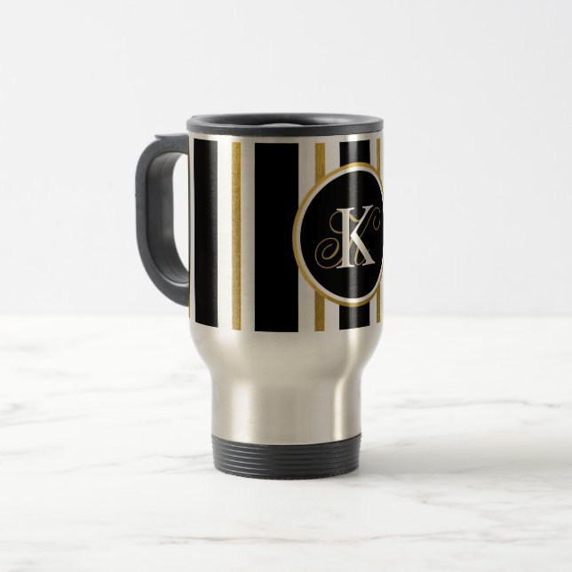 Personalised Elegant Black & Gold Stripes Monogram Travel Mug (Front Left)