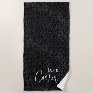 Personalised Elegant Black Leopard Beach Towel
