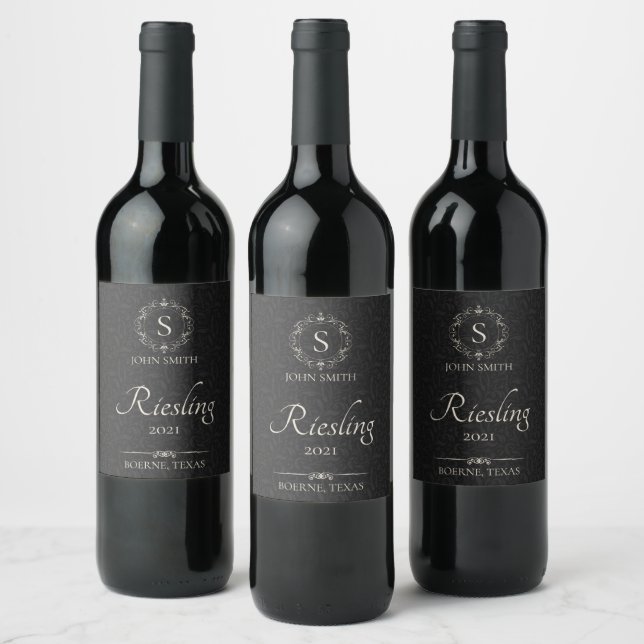 Personalised Elegant Black  Monogrammed Wine Label (Bottles)