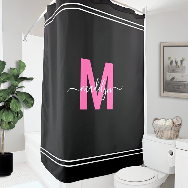 Personalised Elegant Black Pink Name Monogram Shower Curtain (Personalized Elegant Black Pink Name Monogram Shower Curtain )