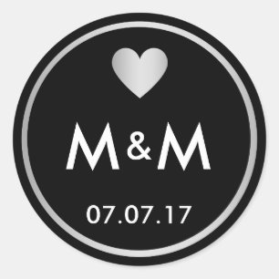 Personalised Elegant Black Silver & Heart Wedding Classic Round Sticker