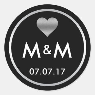 Personalised Elegant Black Silver Heart Wedding Classic Round Sticker