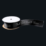 Personalised elegant black wedding favour ribbon satin ribbon<br><div class="desc">Personalised elegant black and white wedding favour ribbon. Elegant script typography for custom name and thank you message. Classy template for wedding party or bridal shower. Customisable colour with stylish fancy text.</div>
