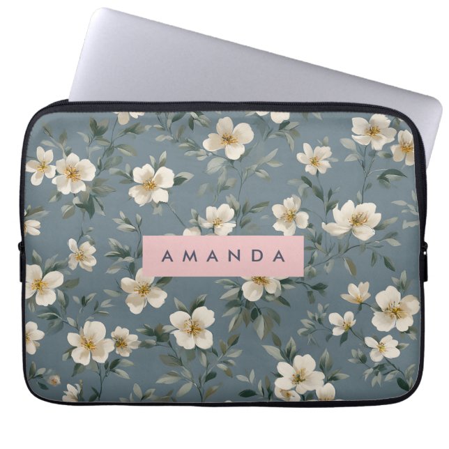 Personalised Elegant Blue Almond Blossom  Laptop Sleeve (Front)