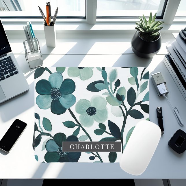 Personalised Elegant Blue Aqua Floral Mousepad (Creator Uploaded)