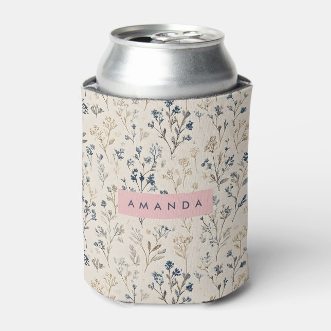 Personalised Elegant Blue & Beige Wildflower Can Cooler (Can Front)