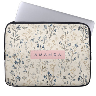 Personalised Elegant Blue & Beige Wildflower Laptop Sleeve