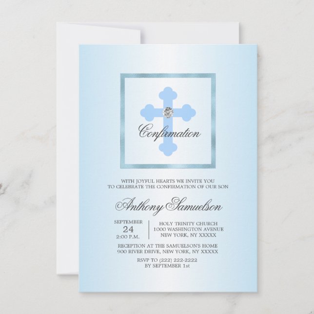 Personalised Elegant Blue Cross Confirmation BOY Invitation (Front)