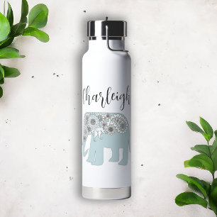 Personalised Elegant Blue Elephant Boho Chic Water Bottle