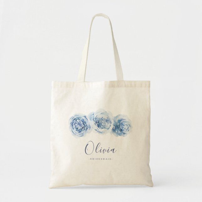 Personalised elegant blue floral bridesmaid tote bag (Front)