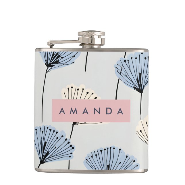 Personalised Elegant Blue Flower Illustration Hip Flask (Front)