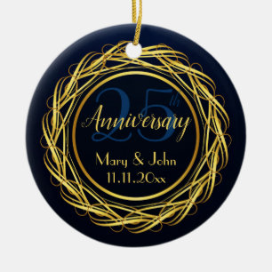 Personalised Elegant blue gold Anniversary Ceramic Ornament