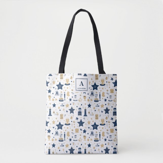 Personalised Elegant Blue & Gold Stars Pattern(12) Tote Bag (Front)