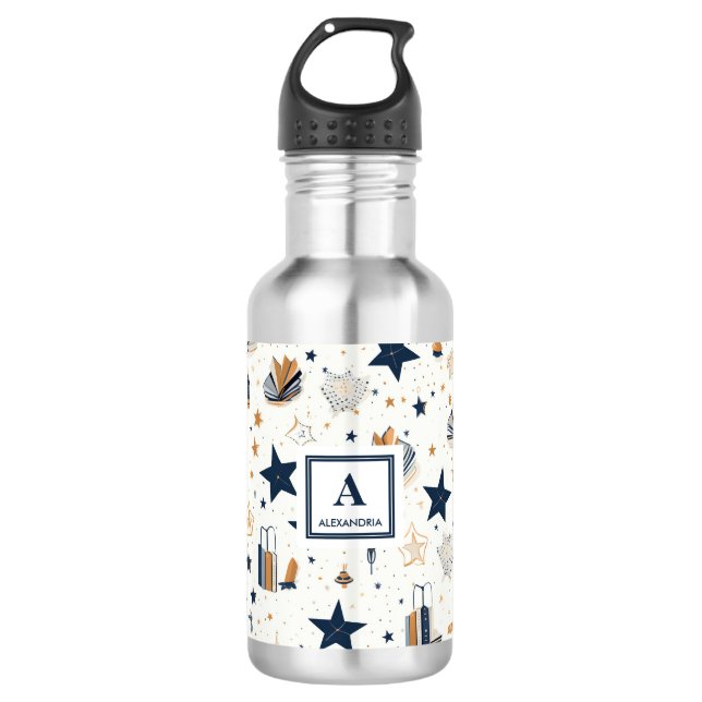 Personalised Elegant Blue & Gold Stars Pattern (1) 710 Ml Water Bottle (Front)