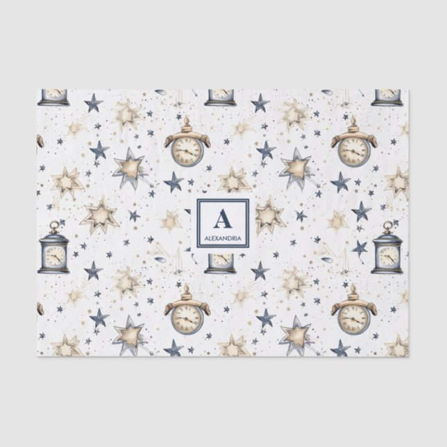 Personalised Elegant Blue & Gold Stars Pattern (4) Tissue Paper (Front)