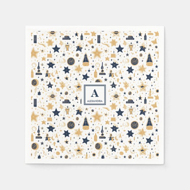 Personalised Elegant Blue & Gold Stars Pattern (5) Napkin (Front)