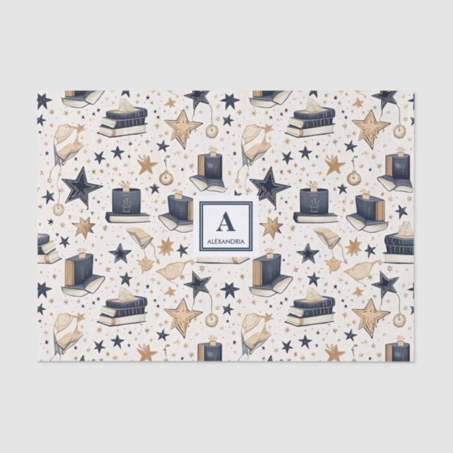 Personalised Elegant Blue & Gold Stars Pattern (7) Tissue Paper (Front)