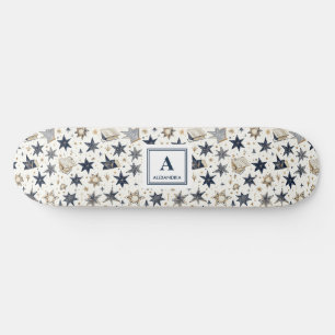 Personalised Elegant Blue & Gold Stars Pattern (8) Skateboard