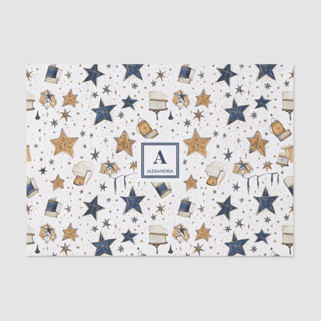Personalised Elegant Blue & Gold Stars Pattern (9) Tissue Paper (Front)