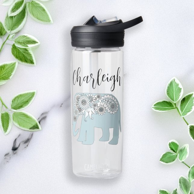 Personalised Elegant Blue Paisley Elephant Water Bottle (Creator Uploaded)