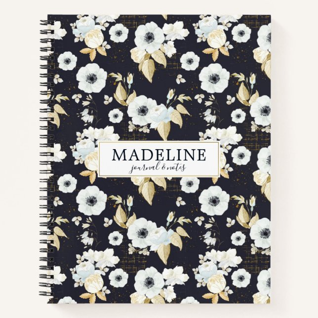 Personalised Elegant Blue & White Floral Pattern Notebook (Front)