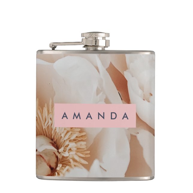 Personalised Elegant Blush Peony Floral Art Hip Flask (Front)