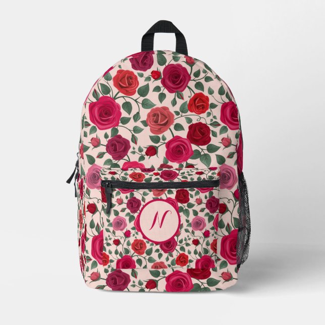 Personalised Elegant  Boho Red Floral Wildflower Printed Backpack (Front)