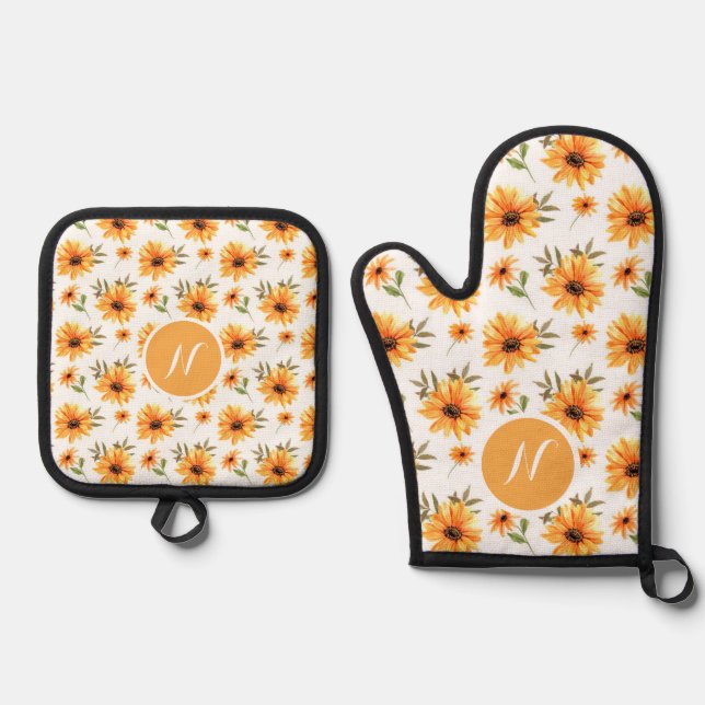 Personalised Elegant Boho Sunflower Wildflower Oven Mitt & Pot Holder Set (Front)