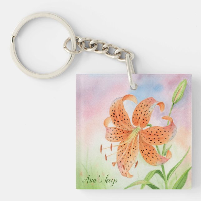 Personalised Elegant Botanical Tiger Lily Key Ring (Front)