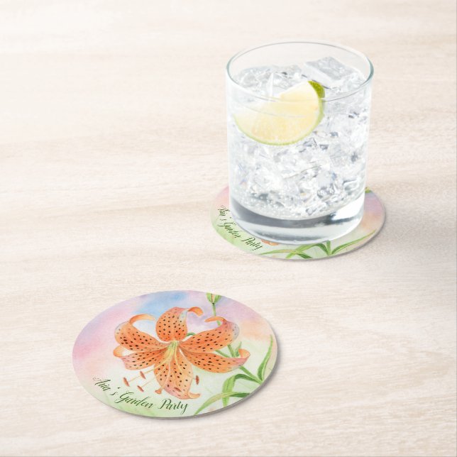 Personalised Elegant Botanical Tiger Lily Round Paper Coaster (Insitu)