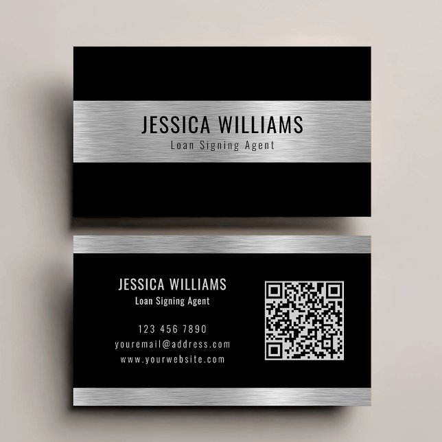 Personalised Elegant Brushed Silver Black QR Code Business Card (Creator Uploaded)