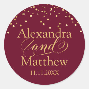 Personalised Elegant Burgundy Gold Wedding Classic Round Sticker